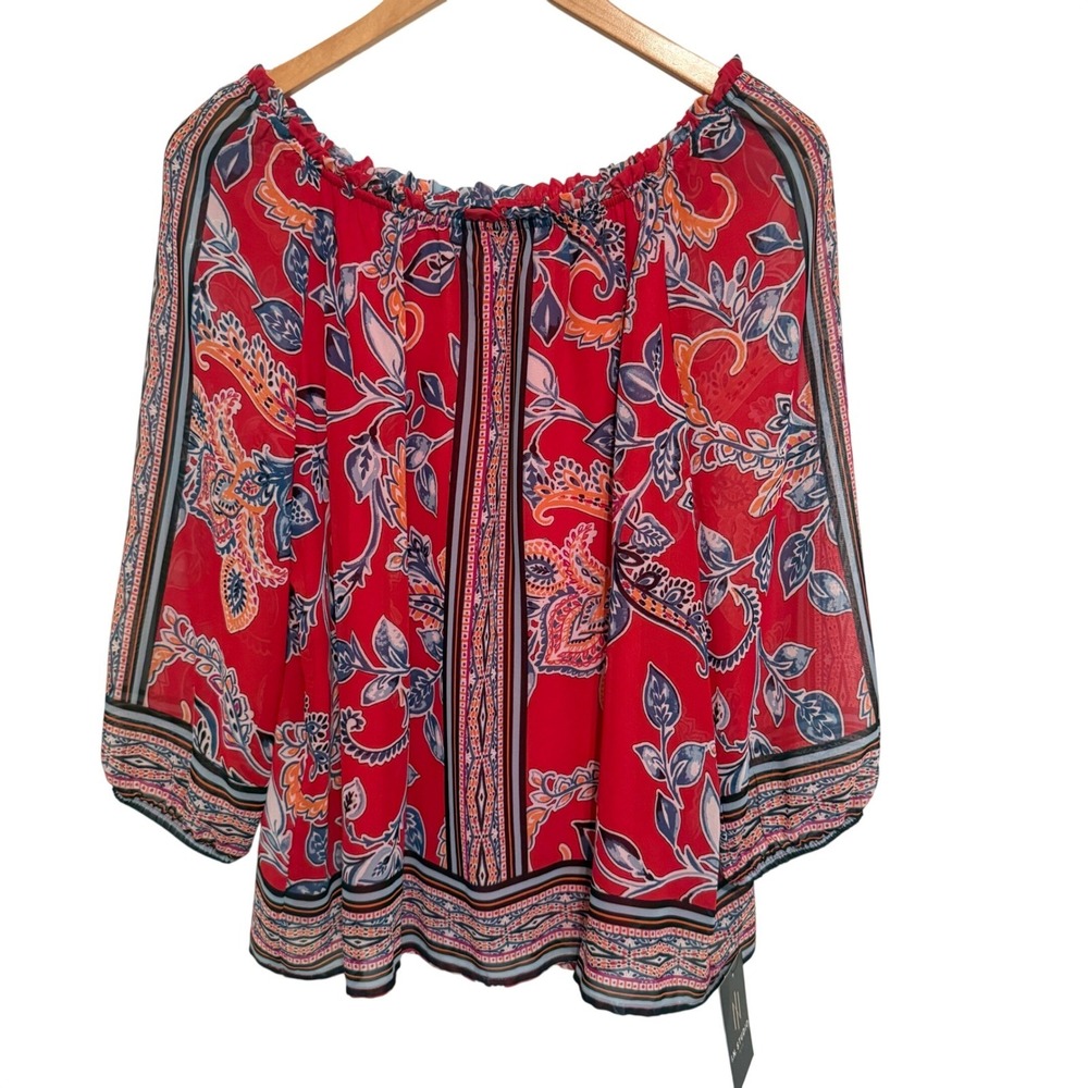 I.N. Studio Blouse Women PM Red‎ Paisley Boho Off The Shoulder Top New